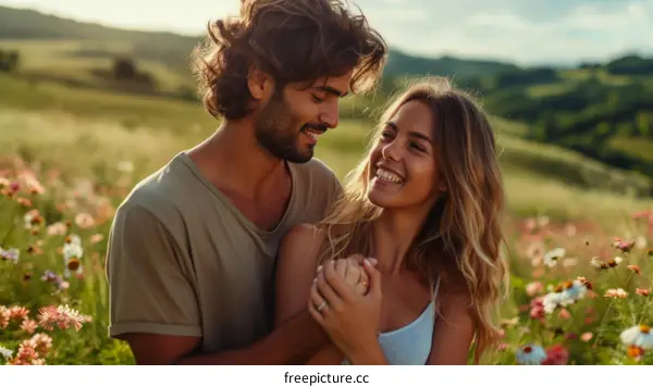 Happy young couple in love standing in a field of flowers