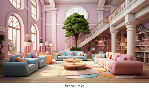 A pink living room with a large tree in the center