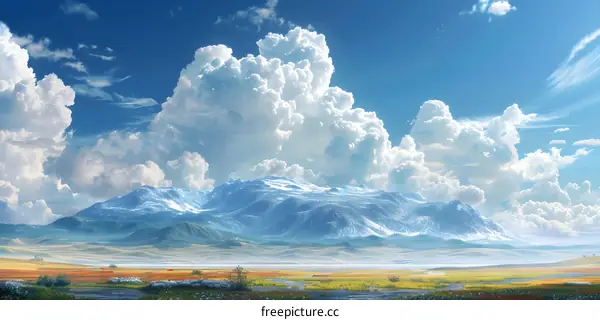 A beautiful landscape with mountains, flowers, and a blue sky