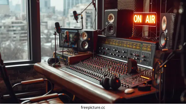 Radio station control room with mixing console and microphones on the table