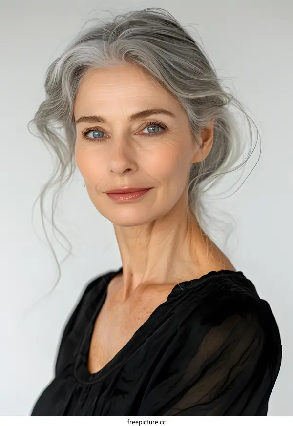 Close Up Portrait of a Mature Woman with Gray Hair