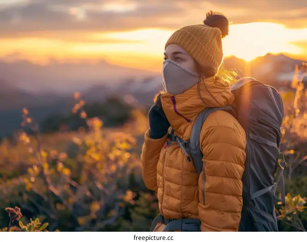 Young woman wearing a mask hiking in the mountains at sunset