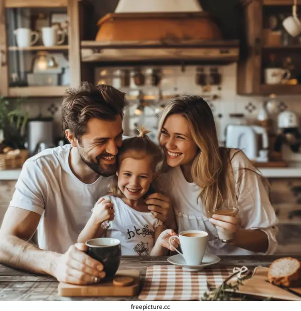 Happy family of three enjoying breakfast in the kitchen