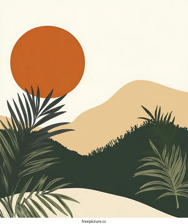 Abstract Art Illustration with Palm Leaves and Sun