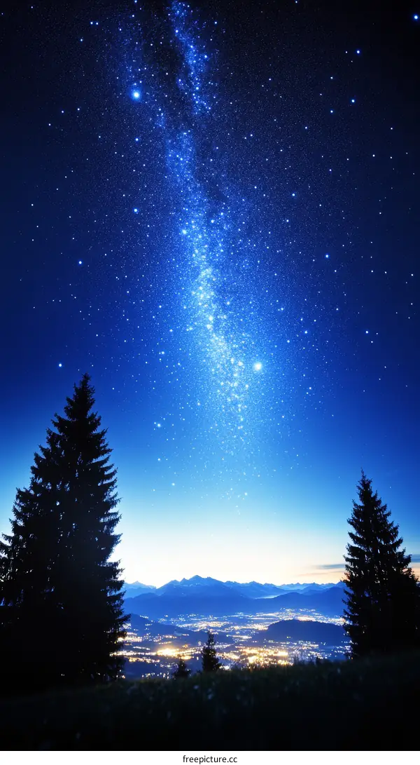 Night Sky Over Mountain Town with Milky Way