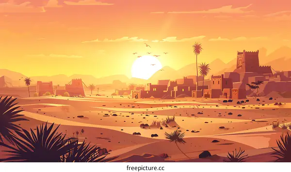 Sunset Over Desert Village with Palm Trees and Birds