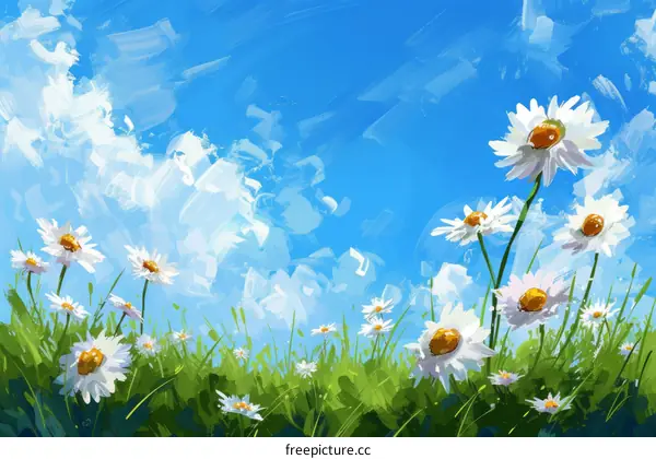 Stunningly Painted Daisies in a Field Under a Blue Sky with White Clouds
