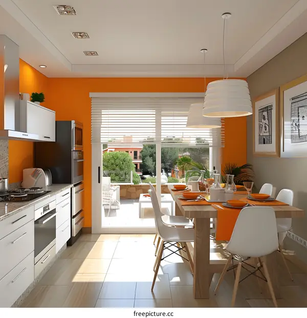 Orange modern kitchen and dining room