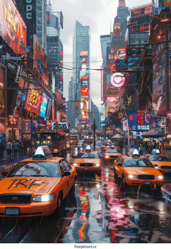 Rainy Night in Times Square Illustrative Photo