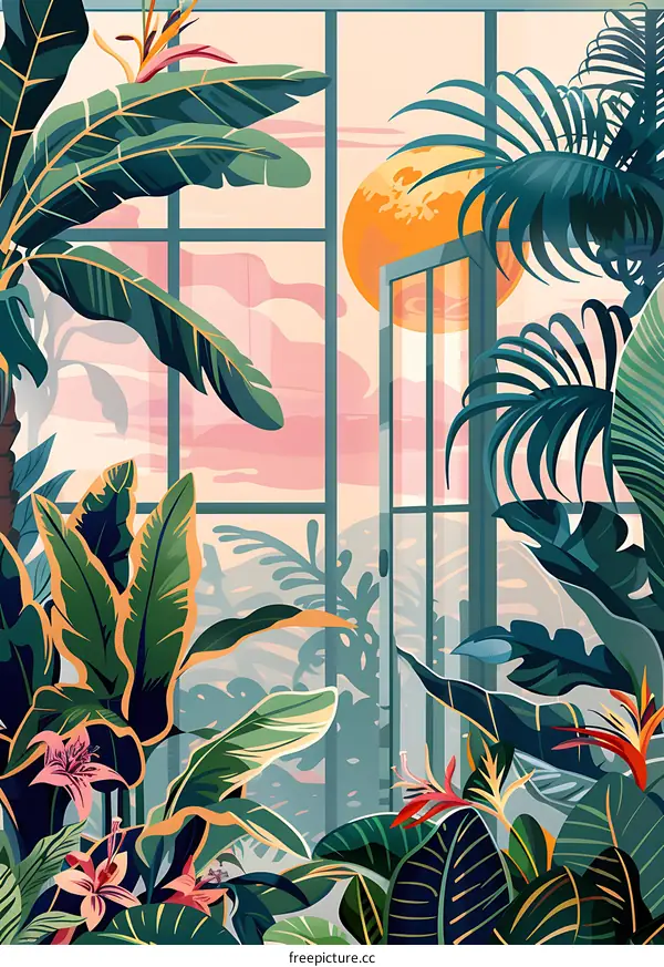 Tropical Plants in a Glass House with Sunset View