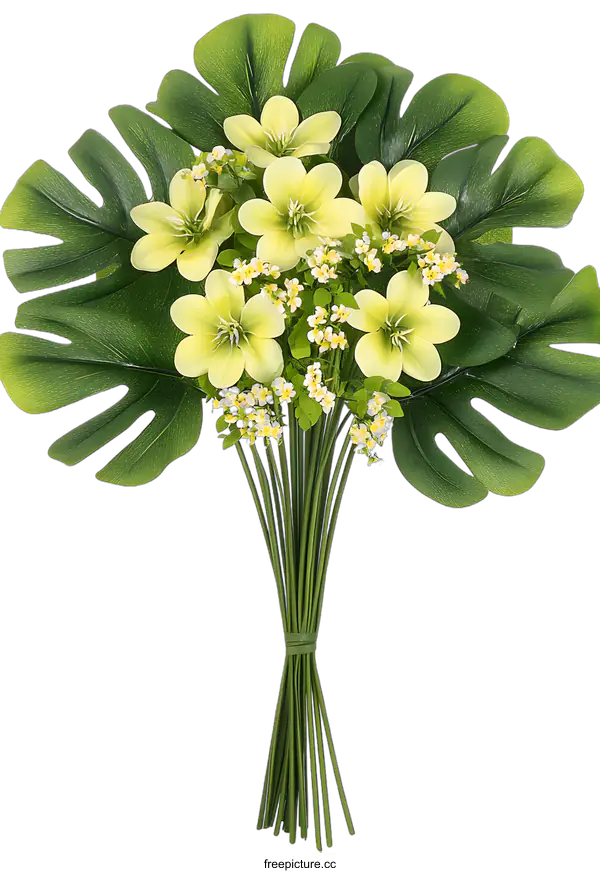 [Transparent Background PNG]Tropical Yellow Flowers Bouquet with Monstera Leaves