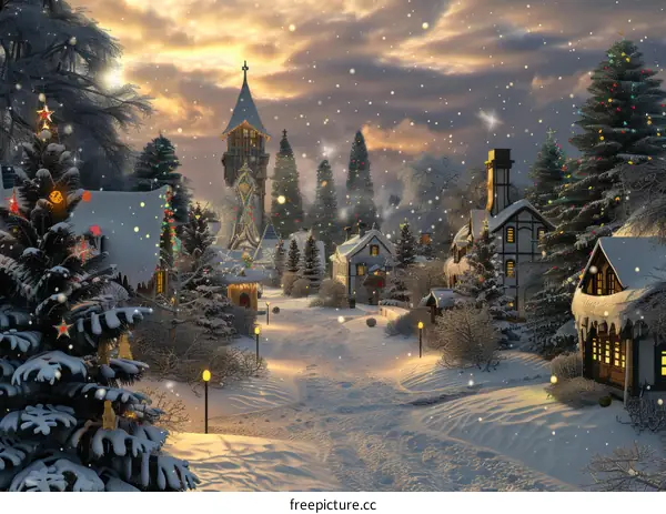 Christmas Street Scene with Snowy Decorated Buildings and Illuminated Trees