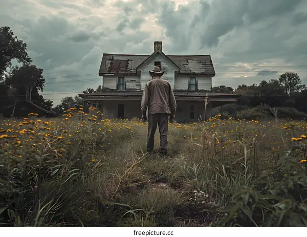 A man standing in a field of yellow flowers in front of an abandoned house