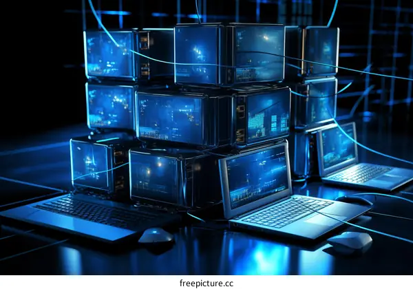 A stack of servers and laptops with a blue glow