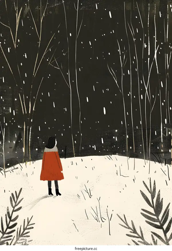 Woman in Red Coat Walking in Snowy Forest