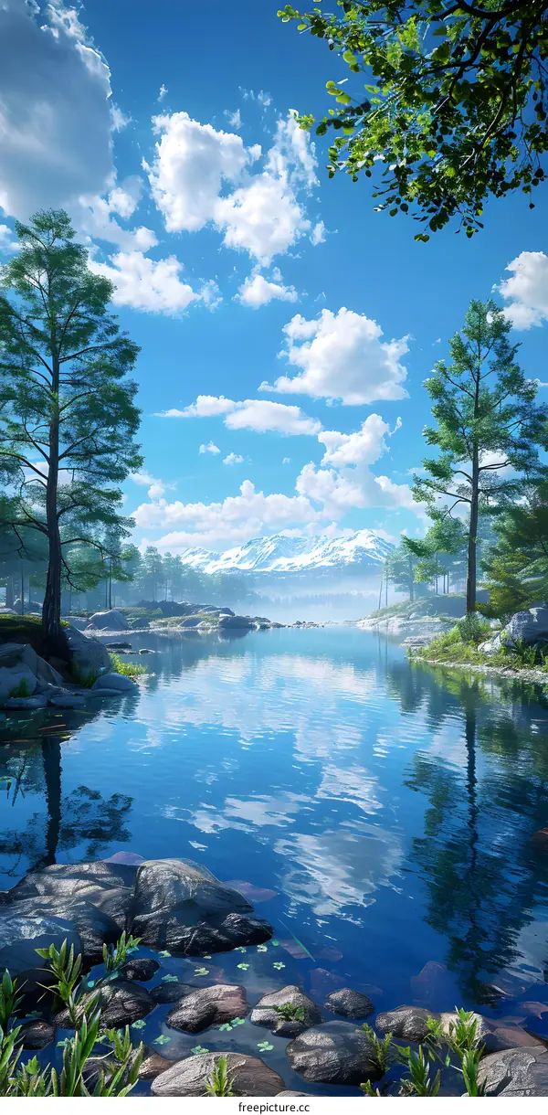 Peaceful Lake Landscape with Snowy Mountains in the Background