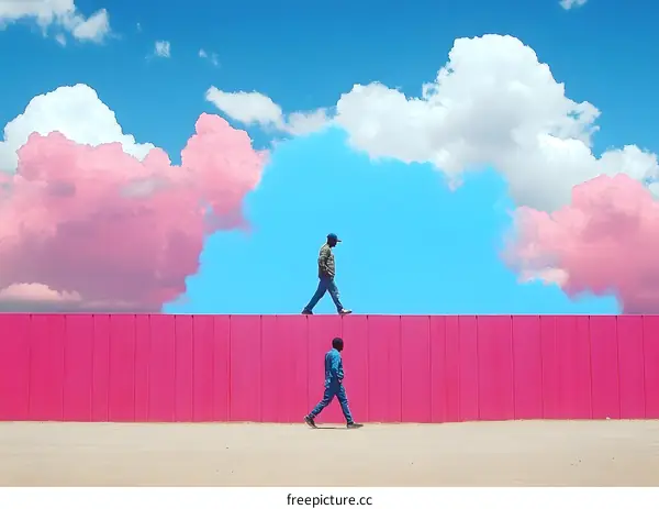 Two Men Walking on Pink Wall With Blue and Pink Clouds