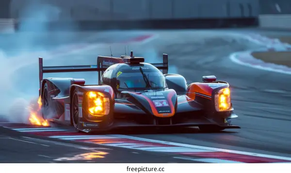 Race car on fire at night