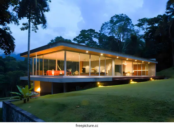 Modern Glass House with Beautiful Landscape and Lush Greenery