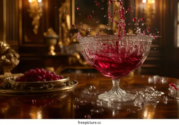 Red wine splashing out of a glass on a table