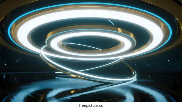 Neon Rings Glowing in Abstract 3D Space with Reflective Surface