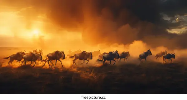 Herd of wildebeests running in the savanna during sunset