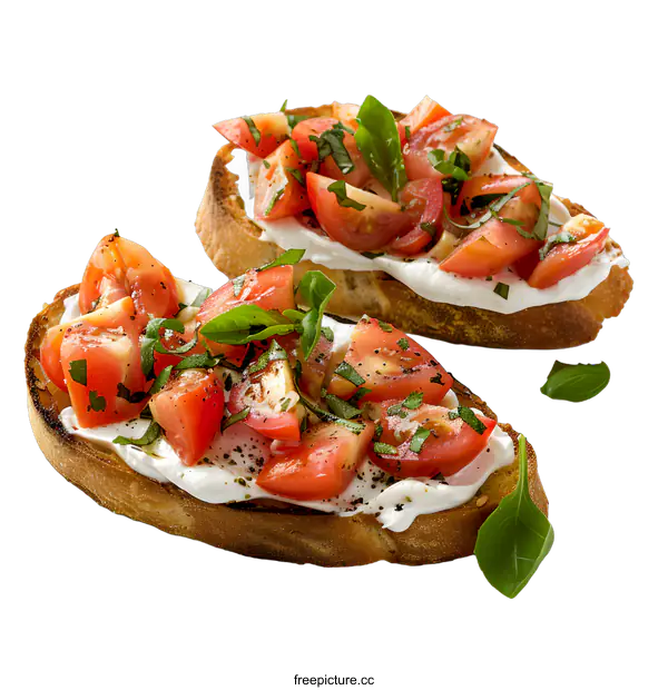 [Transparent Background PNG]Tomato and Basil Bruschetta on White Background