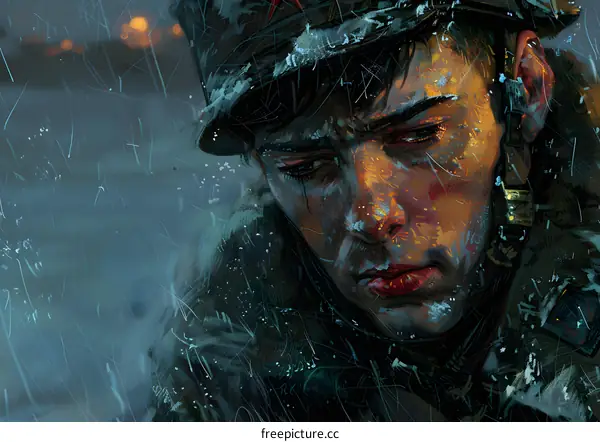A soldier looks down in the rain with a sad expression on his face