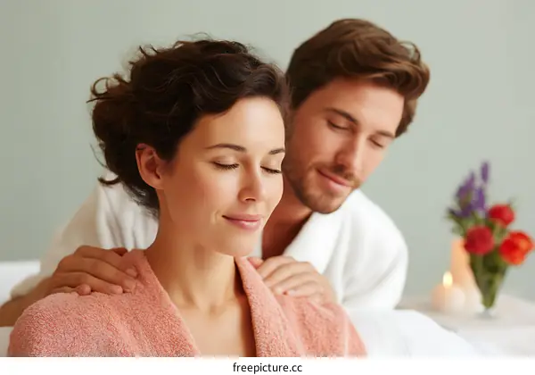 Couple Receiving Shoulder Massage in Spa