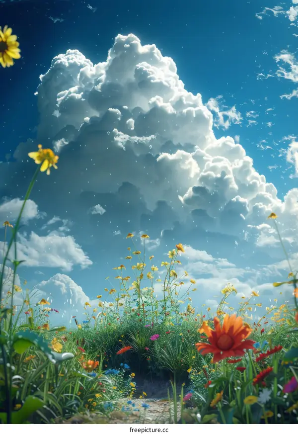 Dreamy Meadow with Colorful Flowers and Clouds