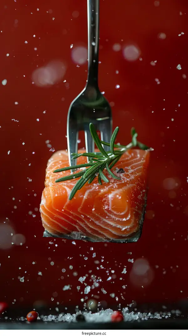 A fork holding a piece of salmon garnished with rosemary