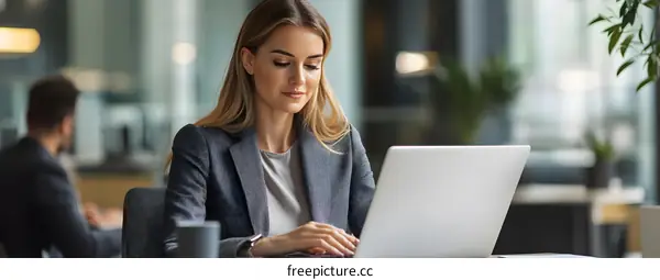 Woman Working On Laptop At Office Desk