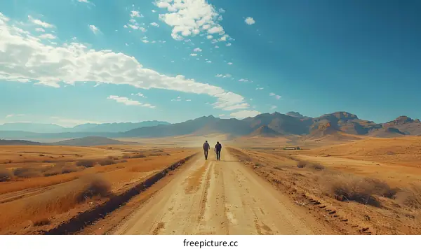 Two men walking on a dirt road in the middle of a vast desert landscape with mountains in the distance