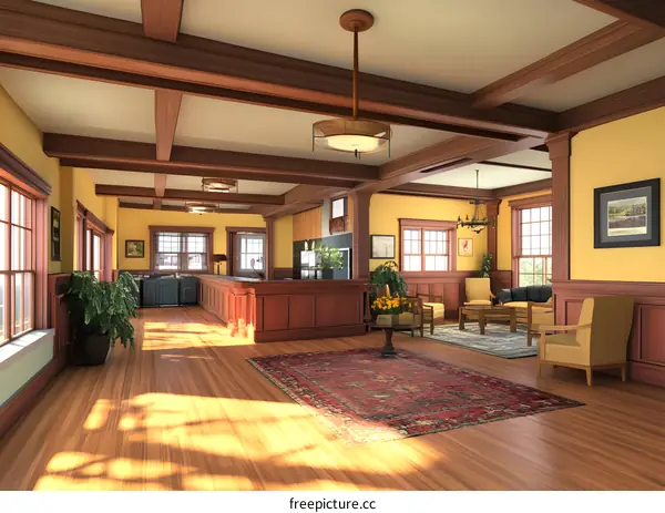 Spacious Interior Design with Wooden Beams and a Large Rug