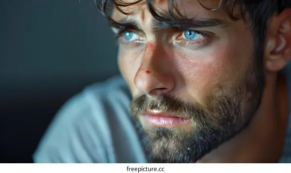 Close Up Portrait of a Man with Blue Eyes and a Beard