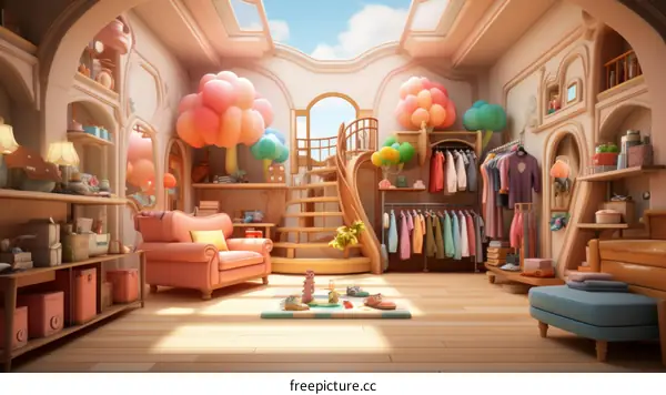 Cozy Colorful Kid's Room With Play Area And Clothing Display
