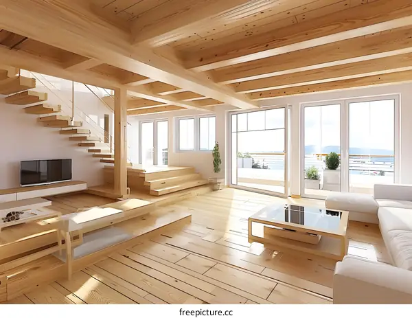 Modern Living Room With Wooden Beams And Large Windows