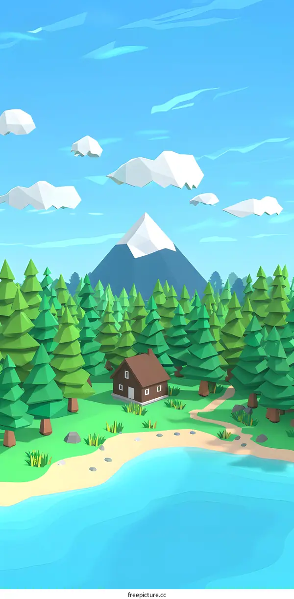 Low Poly Forest Cabin With Mountain and Lake