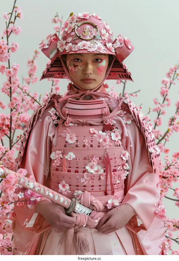 A woman wearing a pink samurai armor with cherry blossoms