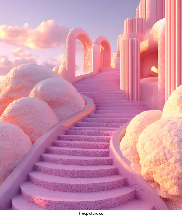 Pink Staircase Leading to a Surreal Dreamlike Architecture