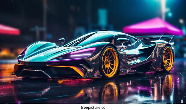 A sleek black sports car with yellow rims is parked on a wet city street at night. The car is illuminated by the colorful lights of the city.