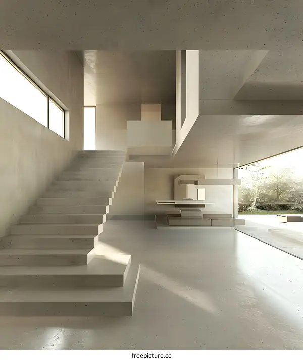 Modern Concrete Interior Design with Staircase and Large Window