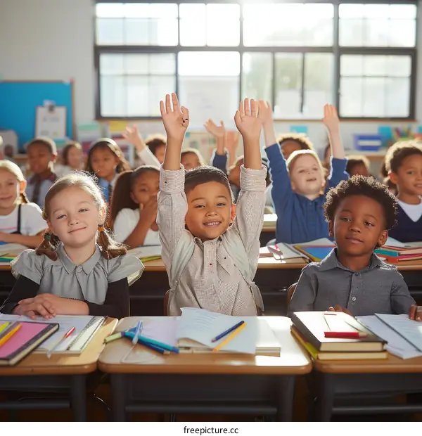 eager students raising their hands in class