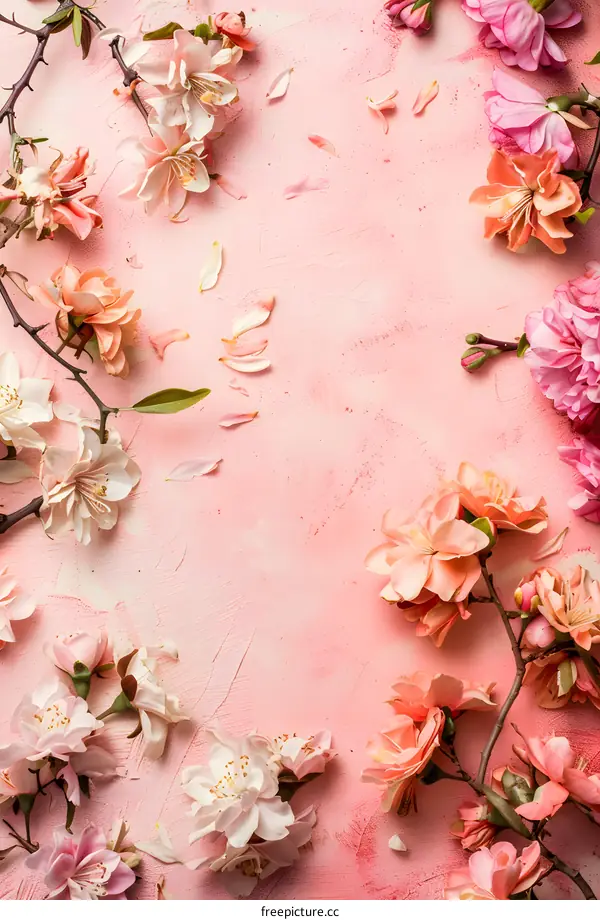 Pink Flowers and Branches on Pink Background