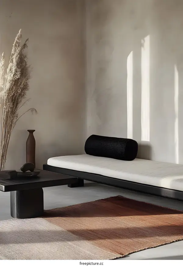 Minimalist Interior Design with Tan Rug and Black Wooden Couch