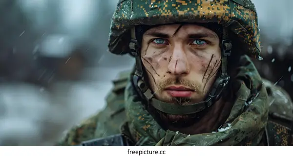 Portrait of a soldier in the winter forest