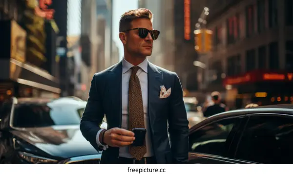 Confident businessman in suit using phone on busy city street