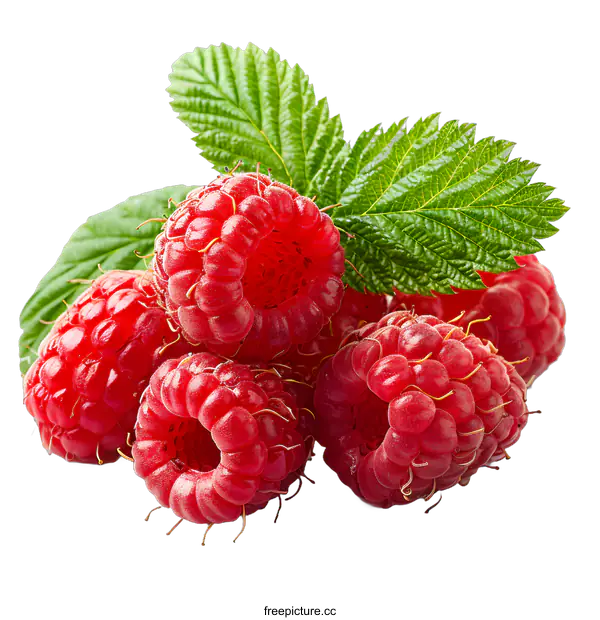 [Transparent Background PNG]Fresh raspberries with leaves