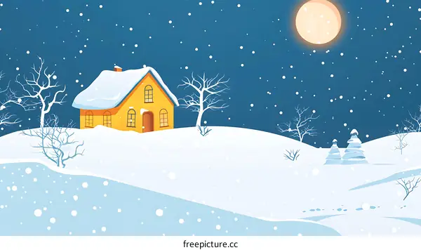 Snowy Winter Night Landscape with House and Trees