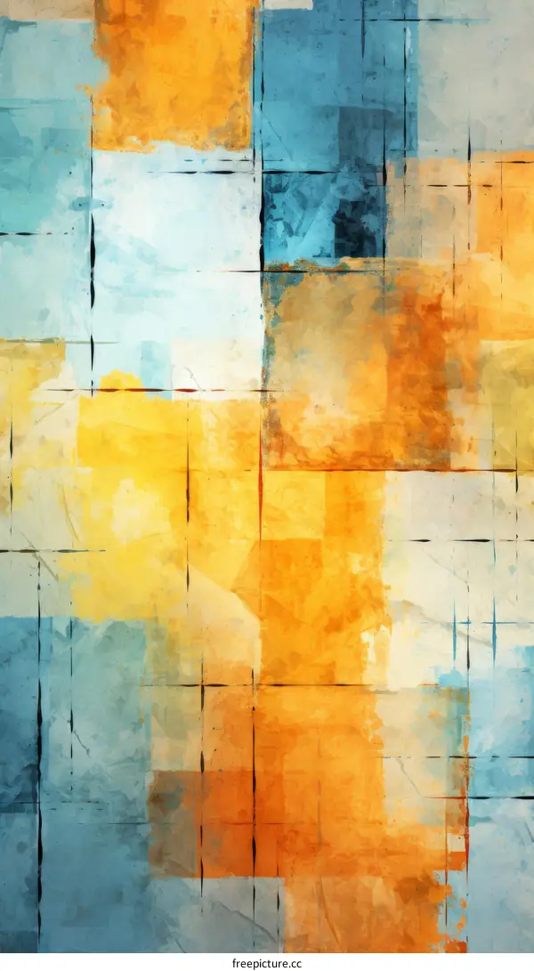 Brightly colored abstract painting with a grid pattern